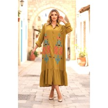 Modanı Seç Hardal Rengi Otantik Nakışlı Kolu Apoletli Eteği Fırfırlı Uzun Gömlek Elbise