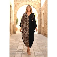 Modanı Seç Siyah Leopar Desen Renk Bloklu Yıldız Aplike Nakışlı Cepli Oversize Uzun Elbise