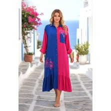 Modanı Seç Saks Mavi Pembe Garnili Önü ve Eteği Nakışlı Kolu Apoletli Uzun Gömlek Elbise