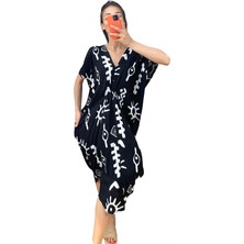 Modanı Seç Siyah Balık Desenli V Yaka Tasarım Cepli Elbise