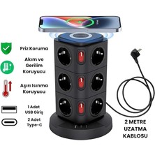 Nacario Tower Tipi Akım Korumalı Priz – 12 Prizli ve 4 USB Girişli, Bireysel Anahtarlı, Kısa Devre Koruma, Masa Üstü Dikey Tasarım – Ev ve Ofis Için Düzenli Çözüm
