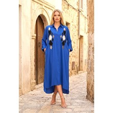 Modanı Seç Saks Mavi Önü Pul Payet Aplike Nakışlı Kolu Apoletli Uzun Gömlek Elbise