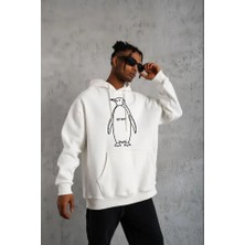 Bet's  Erkek Nihilist Penguen Özel Tasarım Oversize Kapüşonlu Sweatshirt - Beyaz