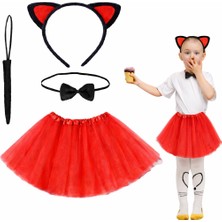 Musestore Kırmızı Renk Kedi Kostüm Seti - Tütü, Taç, Papyon, Kuyruk