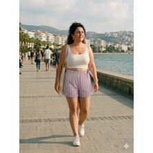 Pembe-Gri Çizgili, Lastik Belli, Fiyonklu Şık Milan Şort