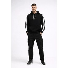 Moda Loris Erkek Şeritli Kapüşonlu Sweatshirt Oversize 3 Iplik Pamuklu - Siyah