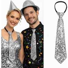 İlkyaz Fashion Gümüş Renk Pul Payetli Işıltılı Parti Kravatı 33 cm