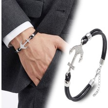 Fm 💎 Premium Zirkon Taşlı Çelik Çapa Detaylı Ayarlanabilir Deri Erkek Bileklik 31834B27D1  -  23 cm