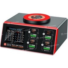 Kızılelma Teknik YCS-S600 155W 8 Portlu Qc3.0+Pd Dijital Ekranlı Hızlı Masaüstü Şarj Istasyonu, Kablosuz Şarj Özelliğiyle