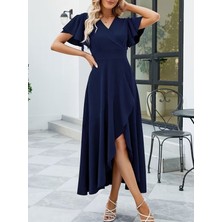 Livizmir Moda Kadın Kısa Kollu Kruvaze Yakalı Ön Asimetrik Volanlı Uzun Ithal Krep Elbise