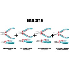 Total Set-9 (Elektronikçi Tip Pense 115MM+ELEKTRONİKÇİ Tip Yan Keski 115MM+ELEKTRONİKÇİ Tip Karga Burun 115MM+ELEKTRONİKÇİ Tip Yuvarlak Uçlu Karga Burun 115MM)