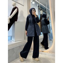 Moda Kapitone Şişme Yelekli Tesettür 3’lü Takım – Spor Şık Modern Kombin (Yelek + Sweatshirt + Pantolon)