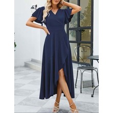 Nidam Butik Kadın Kısa Kollu Kruvaze Yakalı Ön Asimetrik Volanlı Uzun Ithal Krep Elbise