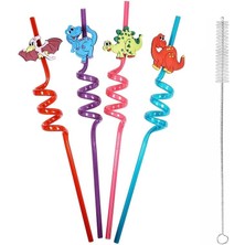 İlkyaz Fashion 5 Parça Renkli Pipet Seti - Emojili Spiral Kokteyl- Çocuk Pipeti Temizleme Fırçalı