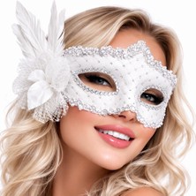 LTG Nova Beyaz Tüylü Venedik Lüks Balo Maskesi