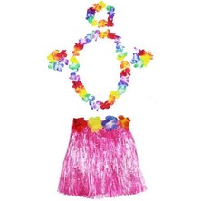 İlkyaz Fashion Yetişkin ve Çocuk Uyumlu Luau Aloha Hawaii Pembe Etek ve Renkli Kolye Taç 2 Adet Bileklik Seti