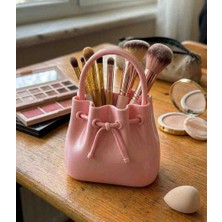 Pembe Çanta Tasarımlı Dekoratif Kalemlik ve Makyaj Fırça Organizeri - Çok Amaçlı Masa Üstü Düzenleyic