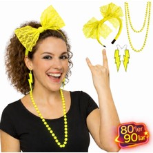 Store Mania Ieg™ 80’ler 90’lar Neon Sarı Parti Seti – Kolye Küpe Taç