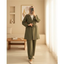 Modamorfo Kruvaze Yaka Çift Bağcıklı Ceket Pantolon Takım -Haki