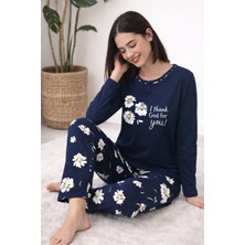 Miss Klein Mıss Kleın Kadın Lacivert Papatya Desenli Uzun Kollu Pijama Takımı Rahat Ev Giyim