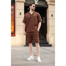 Madmext Acı Kahverengi %100 Pamuklu Erkek Şort Gömlek Takım E7360