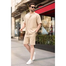 Madmext Bej %100 Pamuklu Erkek Şort Gömlek Takım E7360