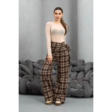 Fehu Bloom Kadın Bağlama Detaylı Kahverengi Ekose Pantolon