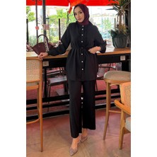 Tesettür Diyarı Yazlık Kumaş Önü Fırfır Detaylı Takım- Siyah