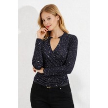 Hariqa Kadın Uzun Kollu Kruvaze Yakalı Aksesuarlı Dalgıç Bluz