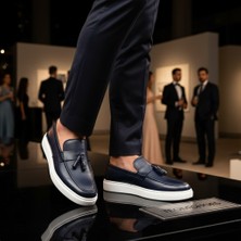 By Barretti Lacivert Püsküllü Deri Loafer