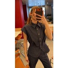 Madame Melek Premium Kadın Kot Takım Kolsuz Gömlek Palazzo Pantolon Modern Yaz Kombini