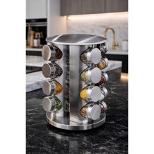 Makri Home 16'lı Döner Baharatlık Seti Krom Yuvarlak Stantlı 118 ml Cam Kavanoz – 360° Döner 29X20 cm