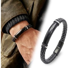 Fm 💎 Premium İsim Yazılabilir Siyah Beyaz Deri Ve Siyah Titanyum Kilit Bileklik 31833B15D9  -  21 cm