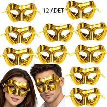 Pandoli Altın Renk Düz Plastik Parti Maskesi Yetişkin 12 Adet
