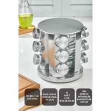 Makri Home 360 Dönebilen Paslanmaz Standlı Cam Baharat Seti - 12'li Krom Yuvarlak