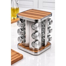 Makri Home 12’li Ahşap Krom Kare Döner Baharatlık, 360° Paslanmaz Stantlı, 118 ml Cam Kavanoz, 19 x 23 cm