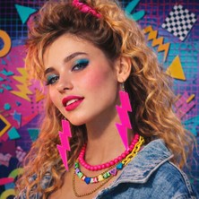 Store Mania Ieg™ 80 Ler 90 Lar Retro Neon Pembe Şimşek Küpe 10 cm