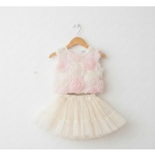 Beyaz Bebe Kız Çocuk 3D Güllü Sırt Detaylı Tütü Etek Bluz Takım