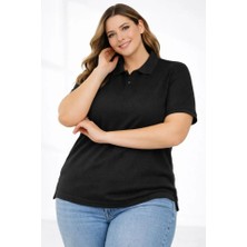 Gacha Pike Kumaş Düğmeli Yaka Battal Büyük Beden Günlük Kısa Kol Tişört T-Shirt - Siyah