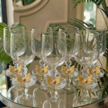 Inci/çiçek Detaylı Gold Metal Süslemeli Ayaklı Cam Kahve Yanı 6'lı Kadeh Seti-Şık Sunum Bardakları Kelebekli