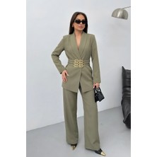 Spirituel Kadın Siyah Ikili Takım Şık Gold Kemerli Vatkalı Blazer Ceket Bol Paça Pantolon Takım