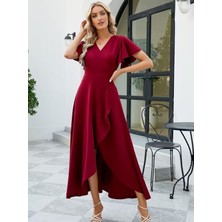 Deridün Yıldız Shoes Kadın Kısa Kollu Kruvaze Yakalı Ön Asimetrik Volanlı Uzun Ithal Krep Elbise