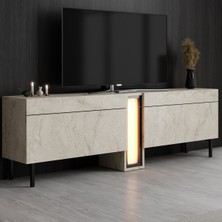 Modatte Mobilya MODATTE Nova Siyah Demir Ayaklı Rgb LED Işık Sistemli Traverten Tv Ünitesi Tv Sehpası