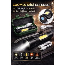 Eco Lounge USB Şarjlı Zoomlu Mini El Feneri Q5 Güçlü Işık Yan Cob LED Sos Mod Kutulu Şarj Kablolu Set