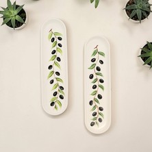 Mimoza Porselen Zeytin Desenli Porselen Ince Uzun Sunum Tabağı El Yapımı 2'li Takım