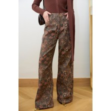 Ecenin Favorileri Kahve Etnik Desenli Yüksek Bel Kadın Bol Kesim Pantolon