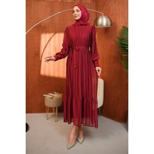 İmaj Butik Bordo Bel Kuşaklı Tül Detaylı Elbise