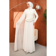 İmaj Butik Ekru Inci Işlemeli Pelerinli Abiye