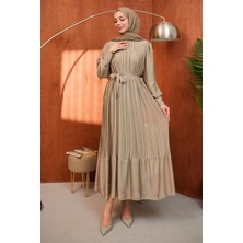 İmaj Butik Haki Bel Kuşaklı Tül Detaylı Elbise