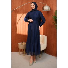 İmaj Butik Lacivert Bel Kuşaklı Tül Detaylı Elbise